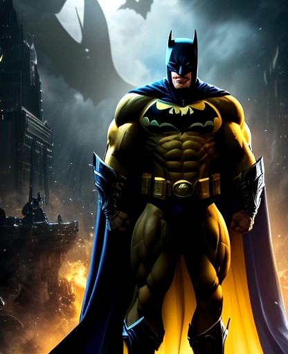 The batman traje yelow dc ,Bodybuilder, super strong, muscular, ABS, in background asgard, 35mm lens, photography, ultra details, HDR, UHD,8K strong olhos brancos como a luz logo do morcego no peito
