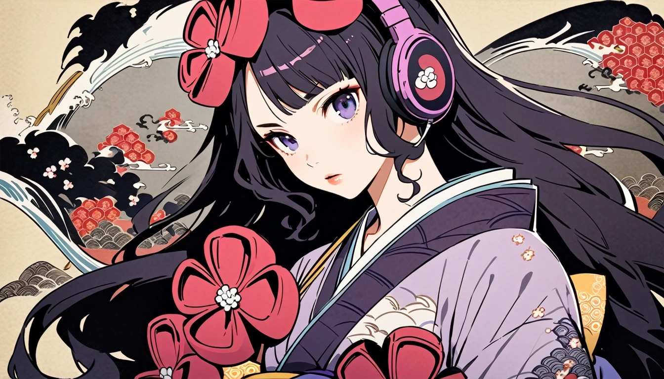 Highest quality, Katsushika Hokusai, Ink Painting, (((longhair))), (((Purple kimono))), Japanese style headphones, plum, beautiful girl, Black Hair, Delicate and precise, Modern ukiyo-e style,