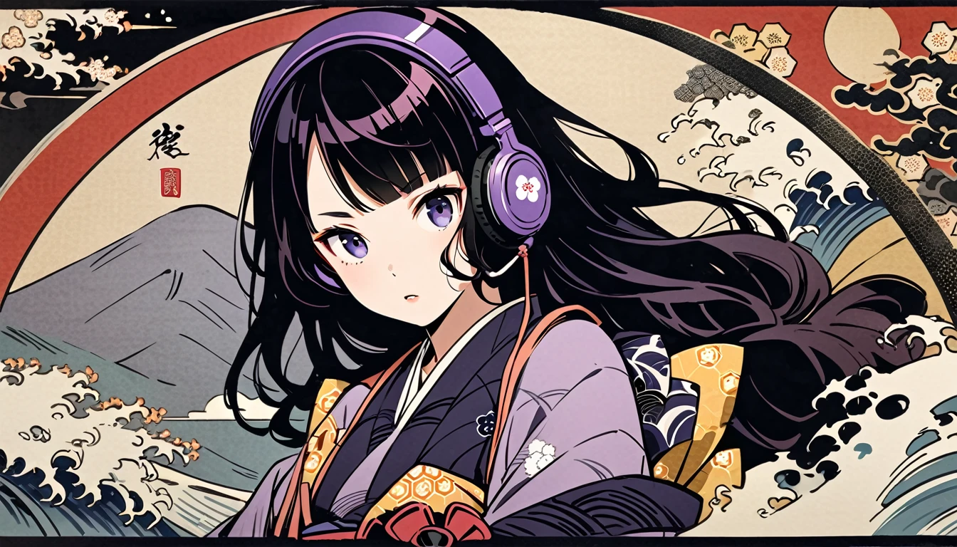Highest quality, Katsushika Hokusai, Ink Painting, (((longhair))), (((Purple kimono))), Japanese style headphones, plum, beautiful girl, Black Hair, Delicate and precise, Modern ukiyo-e style,