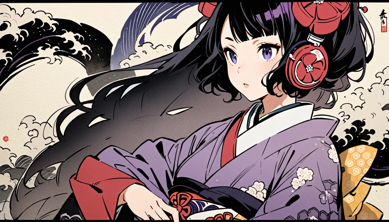 Highest quality, Katsushika Hokusai, Ink Painting, (((longhair))), (((Purple kimono))), Japanese style headphones, plum, beautiful girl, Black Hair, Delicate and precise, Modern ukiyo-e style,