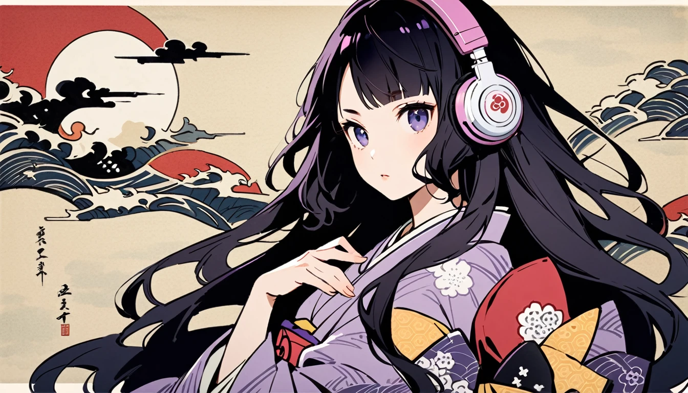 Highest quality, Katsushika Hokusai, Ink Painting, (((longhair))), (((Purple kimono))), Japanese style headphones, plum, beautiful girl, Black Hair, Delicate and precise, Modern ukiyo-e style,