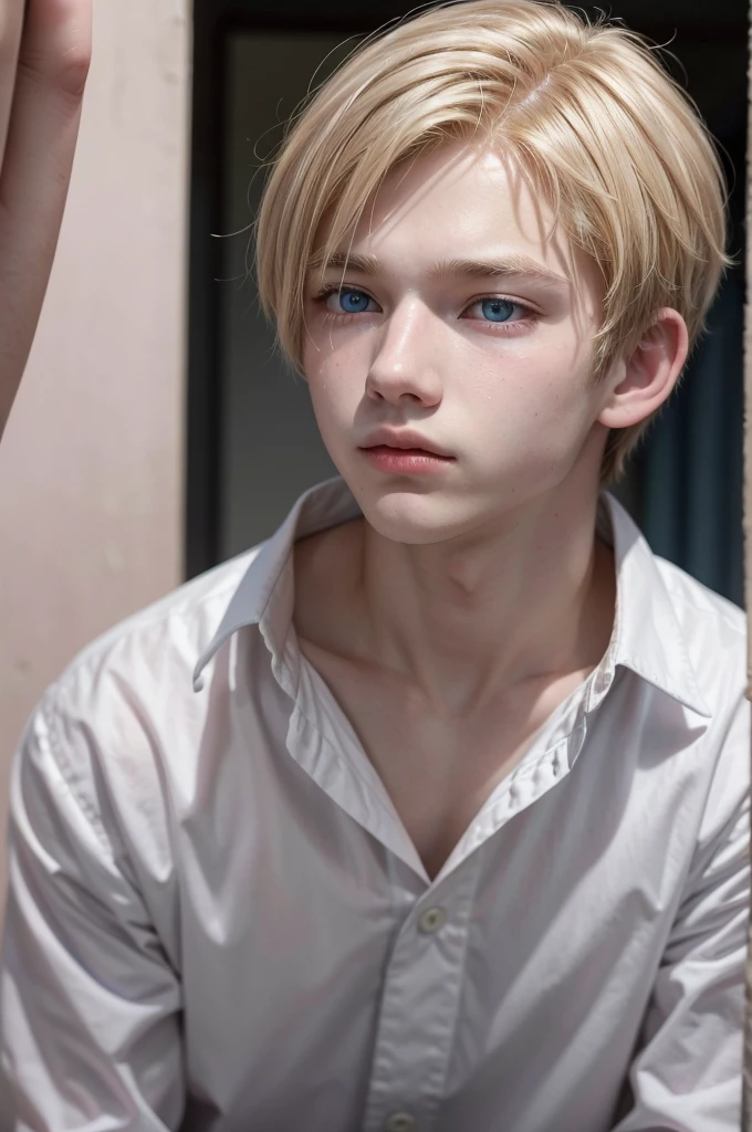 a 16-year-old boy with short blonde hair at the middle pink tips with a small nose with bangs on his forehead a little long as far as it reaches his eyes and his blue eyes with broad shoulders wearing a white button-down shirt with a collar broad