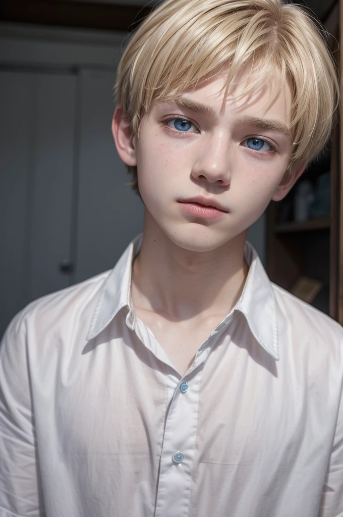 a -yeld boith short blonde hair at the middle pink tips with a small nose with bangs on his forehead a little long as far as it reaches his eyes and his blue eyes with broad shoulders wearing a white button-down shirt with a collar broad
