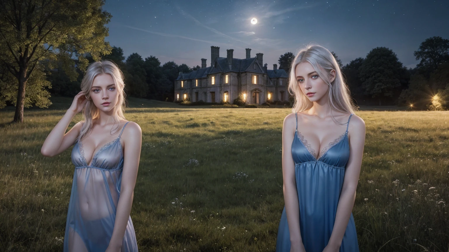 a European girl touching her hair, blue eyes, short black transparent nightgown, skinny, showing cleavage, silver blonde hair, pale face, standing in a meadow, (a mansion behind her), night time, moonlight, windy, high quality photo, photo realistic, extremely detailed, highly detailed face, ultra HD, realistic film shader