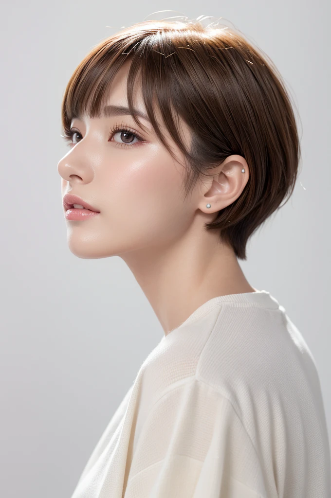 (highest quality、Tabletop、8k、Best image quality、Award-winning works)、((profile:1.4))、ear、((short hair:1.46)),(Brown Hair)、(White casual clothes:1.2)、(The simplest pure white background:1.3)、(Perfectly fixed in front:1.1),(Portrait with Space:1.2)、Beautiful and exquisite、Perfect Makeup、Ultra-high definition beauty face、Ultra HD Hair、Ultra HD Shining Eyes、Super high quality glossy lip、Accurate anatomy、Very beautiful skin、(Pure white skin shining in ultra-high resolution:1.1)、(Very bright:1.2),Big Natural Color Lip、Lip gloss,Harajuku、cute、cute美人