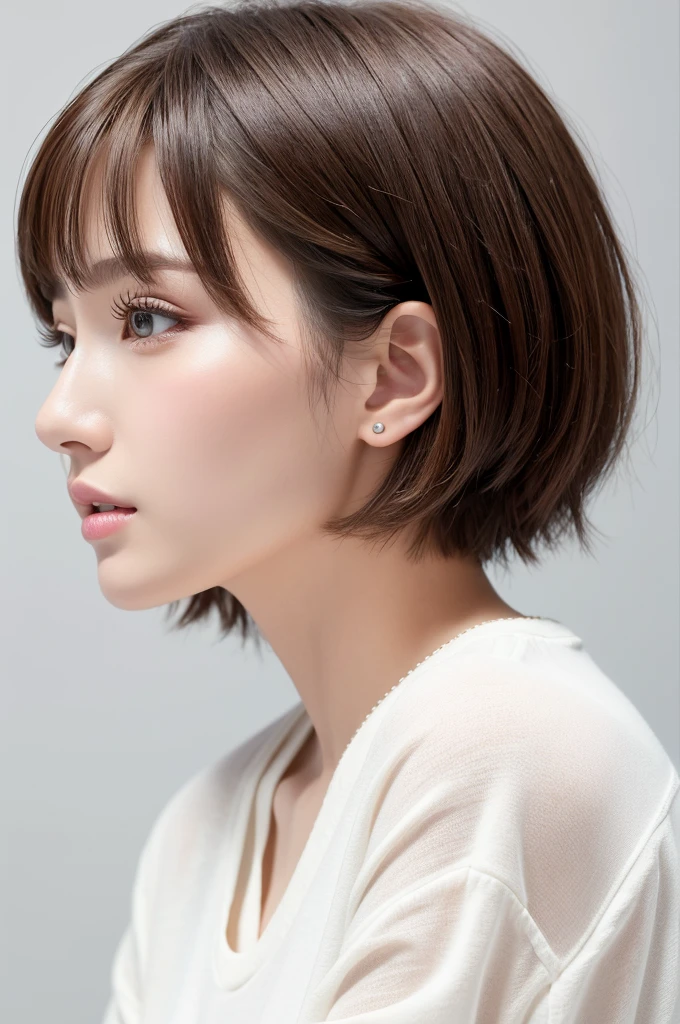 (Highest quality、Tabletop、8K、Best image quality、Award-winning works)、((profile:1.4))、ear、((short hair:1.46)),(Brown Hair)、(White casual clothes:1.2)、(The simplest pure white background:1.3)、(Perfectly fixed in front:1.1),(Portrait with Space:1.2)、Beautiful and exquisite、Perfect Makeup、Ultra-high definition beauty face、Ultra HD Hair、Ultra HD Shining Eyes、Super high quality glossy lip、Accurate anatomy、Very beautiful skin、(Pure white skin shining in ultra-high resolution:1.1)、(Very bright:1.2),Big Natural Color Lip、Lip gloss,Harajuku、cute、cute美人