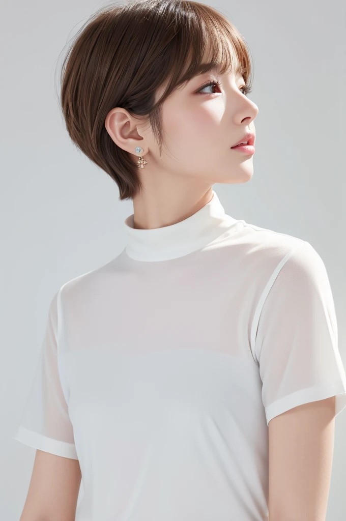 (Highest quality、Tabletop、8K、Best image quality、Award-winning works)、((profile:1.4))、ear、((short hair:1.46)),(Brown Hair)、(White casual clothes:1.2)、(The simplest pure white background:1.3)、(Perfectly fixed in front:1.1),(Portrait with Space:1.2)、Beautiful and exquisite、Perfect Makeup、Ultra-high definition beauty face、Ultra HD Hair、Ultra HD Shining Eyes、Super high quality glossy lip、Accurate anatomy、Very beautiful skin、(Pure white skin shining in ultra-high resolution:1.1)、(Very bright:1.2),Big Natural Color Lip、Lip gloss,Harajuku、cute、cute美人