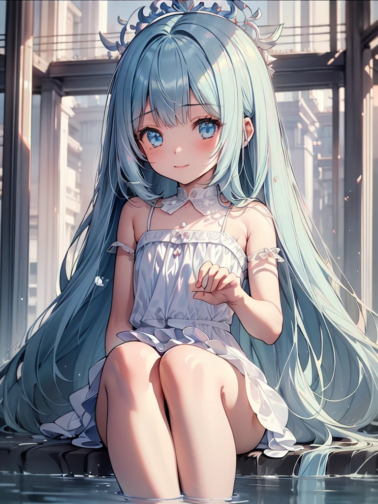 ​masterpiece, best quality, extremely detailed, (illustration, official art:1.1), 1 girl ,(((( light blue long hair)))), ,(((( light blue long hair)))),light blue hair,loli, long hair ((blush)) , cute face, big eyes, masterpiece, best quality,(((((a very delicate and beautiful girl))))),Amazing,beautiful detailed eyes,blunt bangs((((little delicate girl)))),tareme(true beautiful:1.2), sense of depth,dynamic angle,,,, affectionate smile, (true beautiful:1.2),,(tiny 1girl model:1.2),)(flat chest)、 (((sitting in onepiece with her feet in the extremely blue water))), vagalumes iluminas a noite, big ass, thick legs, {papel de parede de unidade CG de 16k extremamente detalhada}, fotografia de paisagem expansiva, (a view from below focusing on the character and the sky above), (Wide open field view), (low angle photo), (luz alta: 1.1), (luz baixa:1.5), (fonte de luz quente: 1.2), detalhes complexos, (cores iridescentes: 1.5), (Bright lighting), (atmospheric lighting), Sonhador, unico
