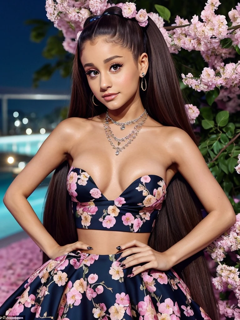 Ariana Grande, beautiful,  with beautiful eyes and hair in a two-piece dress with beautiful surrounding flowers with a beautiful necklace on her neck, at night and with a beautiful body, in front