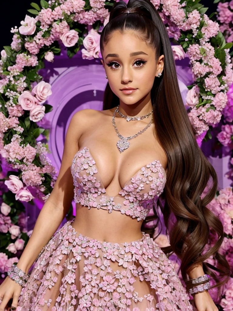 Ariana Grande, beautiful, with beautiful eyes and hair in a two-piece dress with beautiful surrounding flowers with a beautiful necklace on her neck, at night and with a beautiful body, in front