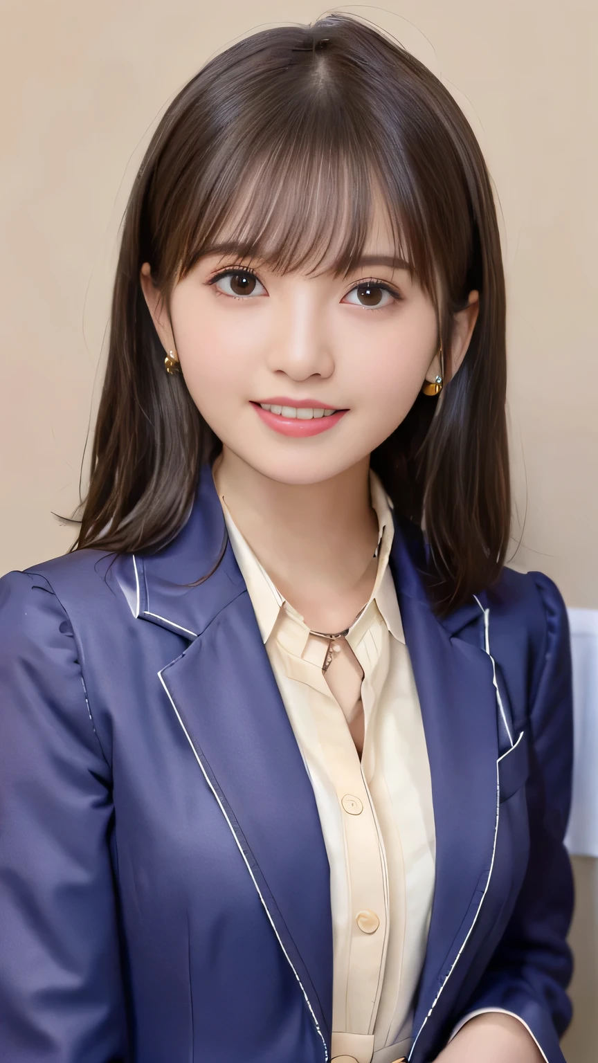 Highest quality:1.2), RAW Photos, High resolution, Very detailed, Intricate details, short hair、ear piercing、smile、Emphasis on teeth、、Light brown hair、 (Front view, ), Clear beauty, (High quality fabric, Office Lady Suit 、Jacket、Unbuttoned shirt、Necklace around the neck、 The background is the office
