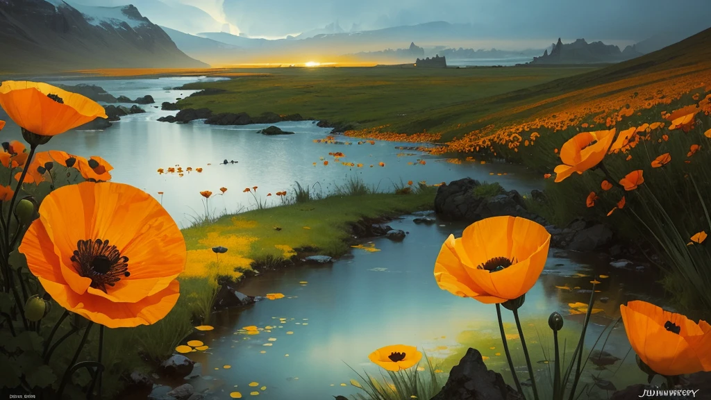 32k, Masterpiece, Highest quality, One girl, Detailed eyes, flower,Iceland Poppy, Blue and yellow style,A dreamy, romantic piece,Pale yellow, Mysterious Leaves,A playful arrangement,Fantasy,High Contrast,Ink strokes,explosion,Exposure, Impression of blue and yellow tones,Abstract,((Watercolours by John Berkey and Jeremy Mann )) Brush strokes,Negative Space, Tyndall effect,