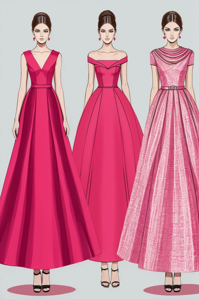 4 Faceless digital fashion design sketch with Valentino garavani inspired dresses in red and pink colors