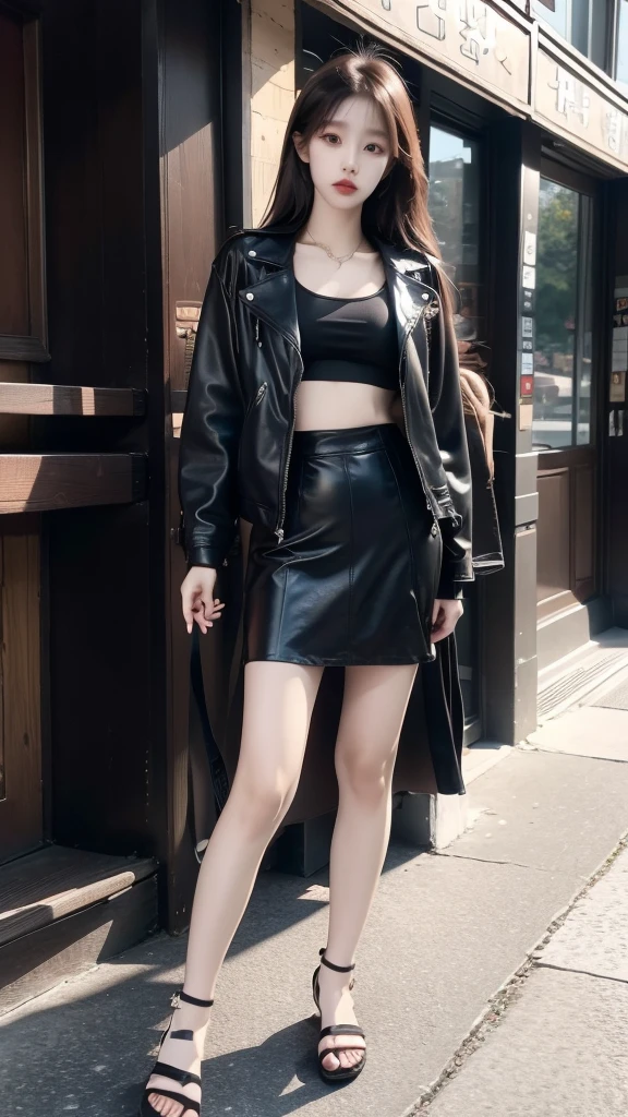 Korean girl wearing sports bra, black leather jacket, long black skirt and wearing sandals, model, 8k real life, long hair dazzling