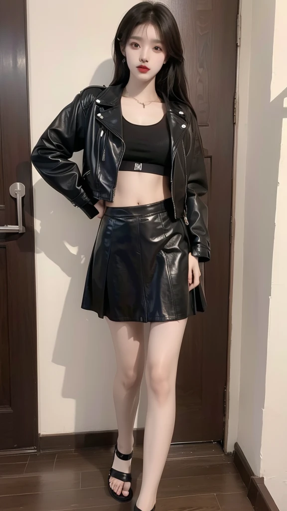 Korean girl wearing sports bra, black leather jacket, long black skirt and wearing sandals, model, 8k real life, long hair dazzling