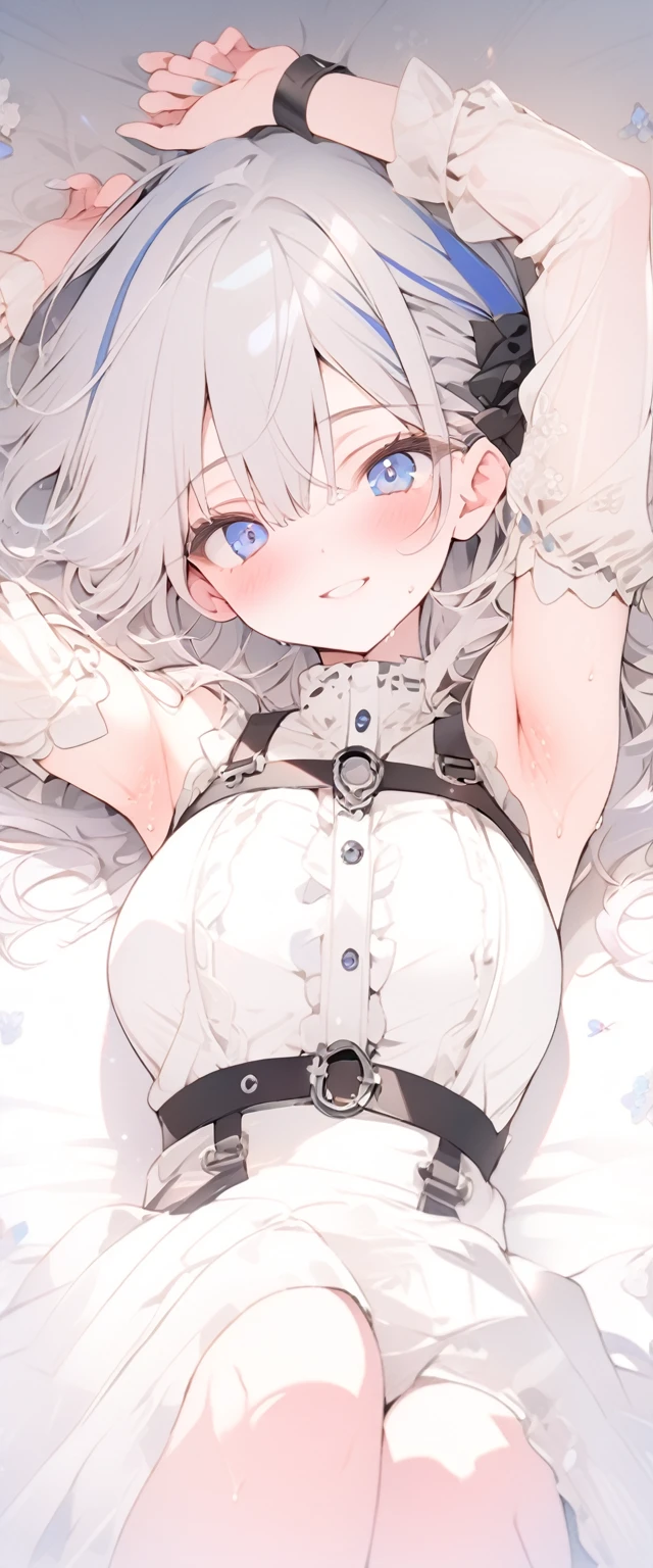 beautiful, masterpiece, Highest quality, anime, One girl, C Cup,Portrait Shot, View your viewers, Covered、Medium Hair、nearby、Blue Eyes、art、、White hair,Blue streaked hair、wallpaper、Cute smile、Thighs、Cute、bed、Beautiful breasts、Full Harness、valley、、Sweat、Armpit、Lying on your back、