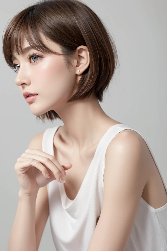 (Highest quality、Tabletop、8K、Best image quality、Award-winning works)、((profile:1.4))、ear、((short hair:1.46)),(Brown Hair)、(White casual clothes:1.2)、(The simplest pure white background:1.3)、(Perfectly fixed in front:1.1),(Portrait with Space:1.2)、Beautiful and exquisite、Perfect Makeup、Ultra-high definition beauty face、Ultra HD Hair、Ultra HD Shining Eyes、Super high quality glossy lip、Accurate ???????、Very beautiful skin、(Pure white skin shining in ultra-high resolution:1.1)、(Very bright:1.2),Big Natural Color Lip、Lip gloss,Harajuku、cute、cute美人