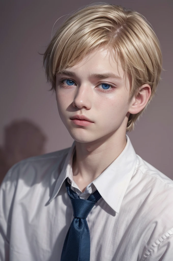 a -yeld maith short blonde hair at the middle pink tips with a small nose with bangs on his forehead a little long as far as it reaches his eyes and his blue eyes with wide shoulders wearing a white button-down shirt with a wide collar