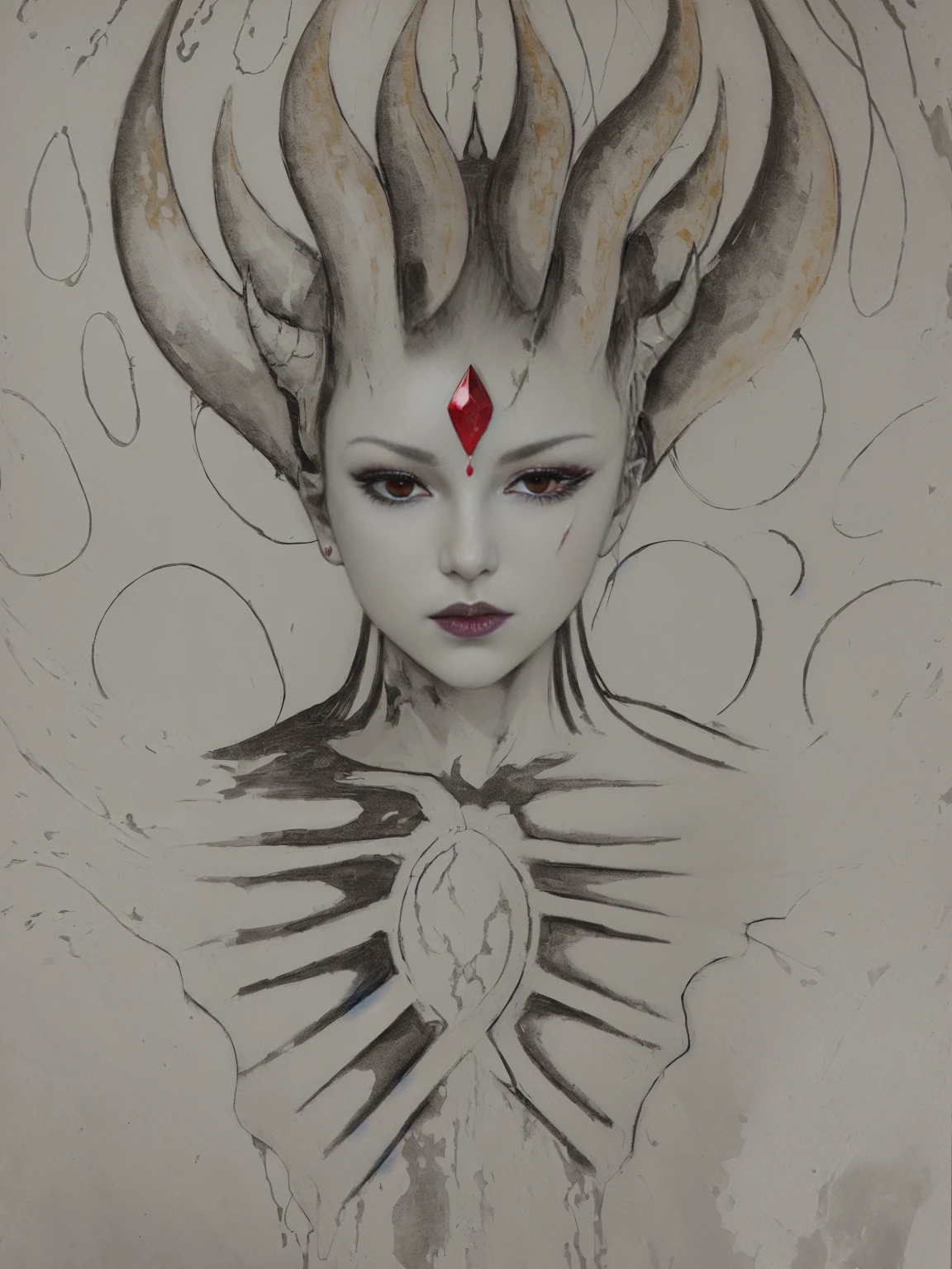 demon woman with a red jewel on her forehead, multiple tentacle-like horns, a red jewel embedded in her chest, her open arms dissolving into multiple tentacles