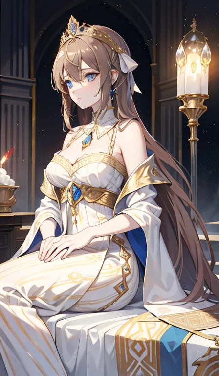 Fantasy, 19th century, empress, woman, delicate face, pale brown hair, blue eyes, in a white royal dress with open shoulders, gold patterns on fabric, crystal jewelry, with a scarlet ribbon over the shoulder with the regalia of the monarch, Gothic castle made of white stone on the background, light, day, hd