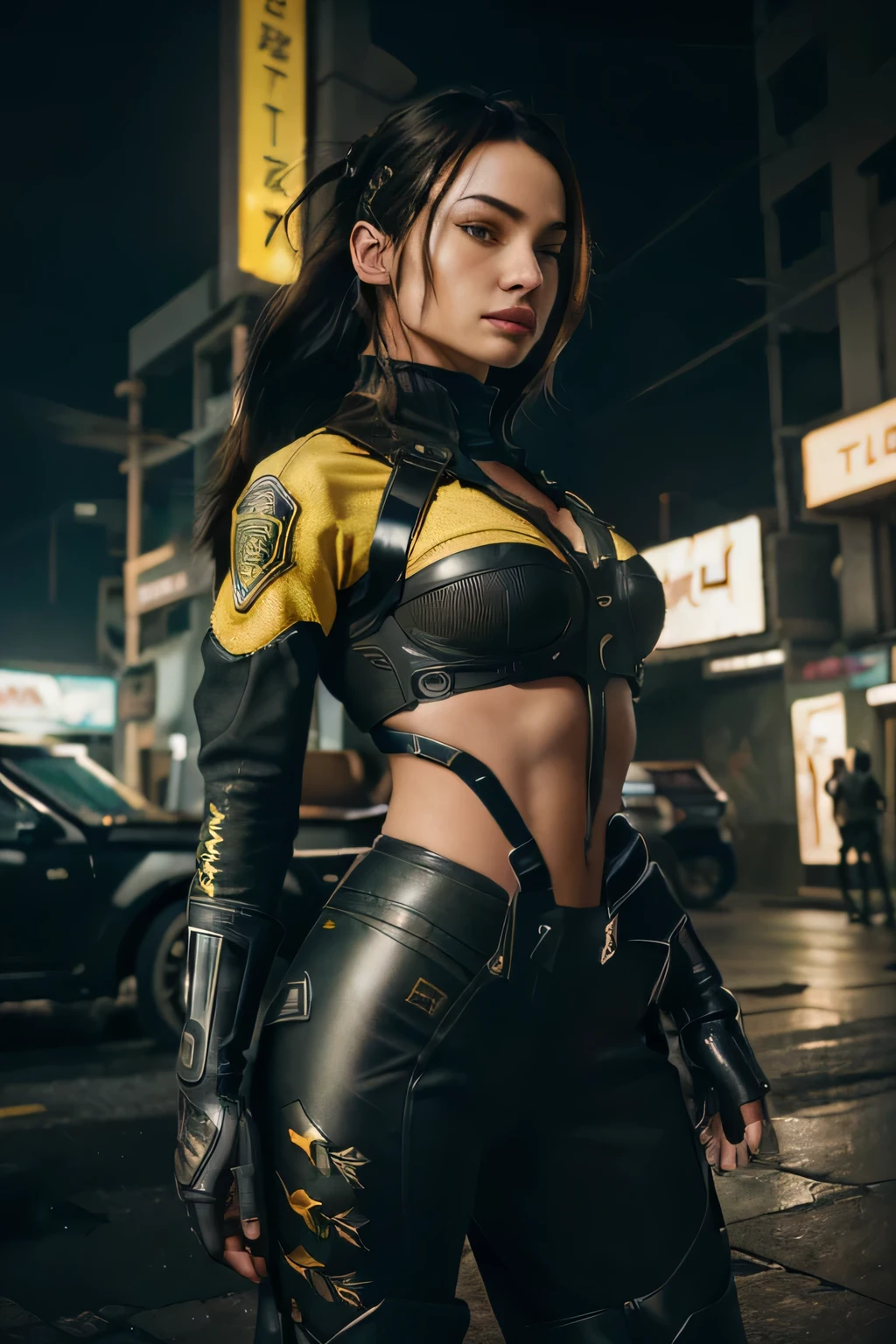(8k, ARTISTIC photography, masterpiece: 1.2), (realistic, photorealistic: 1.37), ((TCrystal Reed)) over-detailed, (high-detail skin: 1.2), 8k uhd, SLR camera, Fujifilm XT3, photonic display, brightness, physically rendered photo ( 80s style Aggressive Female villain wearing plated Tactical Harness), ((serious face)), over-detailed face, (( dressed like a gortex, zippers, techwear)), (((over-detailed clothing))), ((( black and yellow )), (((extremely intricate outfits))), action (dynamic) pose, (((pure 8K))), (((perfect anatomy))), extremely high-quality graphics, Riddley scott, Battle angel, Blade Runner, Denis villeneuve (((cinematic lighting))), ((clear details)), Kowloon walled city background, electric wires、Neon signs、plein air, soft lighting, film grain, cinematic lighting, film grain, Fujicolor, ray tracing, best quality, high quality, best quality