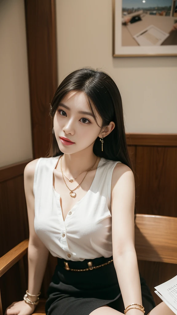 (((Practical photography))),,28year, portrait,Upper body, Korean,(Mature:1.3),, 1 girl,beautiful girl, arrogant,Sit in a large class chair , (necklace,earrings,bracelet:1.1), Sleeveless shirt,Button-down shirt and hip skirt,mini skirt , (cleveage:0.3),, In the CEO's office, (Environmental details:1.3),, (original photo, CG Unity, photography, ultra Practical details, Clear focus, Delicate skin,4K, high resolution, masterpiece, best quality, Practical, Full of energy:1.2),, (8K,4K, Ultra-high quality, high resolution, professional, Movie-like, , dramatic),(armpits:1.2), Detailed office background,