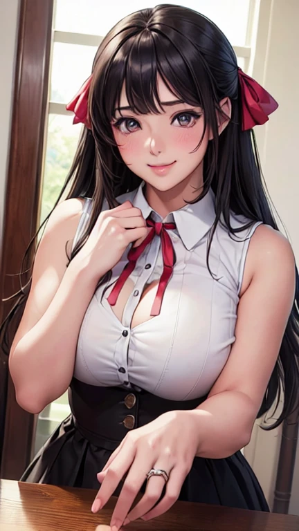 (masterpiece), (high resolution), (best quality), ,(((Full and soft breasts,)))(((Huge breasts))) (((Cleavage))))1 Girl, Smile, blush, neck Ribbon, Looking at the audience, Ribbon, (Ring on right ring finger), shirt, Long hair, Bangs, Holding Hands, Jewelry, Shut up, collared shirt, sleeveless