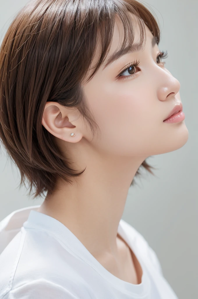 (Highest quality、Tabletop、8K、Best image quality、Award-winning works)、((profile:1.4))、ear、((short hair:1.46)),(Brown Hair)、(White casual clothes:1.2)、(The simplest pure white background:1.3)、(Perfectly fixed in front:1.1),(Portrait with Space:1.2)、Beautiful and exquisite、Perfect Makeup、Ultra-high definition beauty face、Ultra HD Hair、Ultra HD Shining Eyes、Super high quality glossy lip、Accurate anatomy、Very beautiful skin、(Pure white skin shining in ultra-high resolution:1.1)、(Very bright:1.2),Big Natural Color Lip、Lip gloss,Harajuku、cute、cute美人