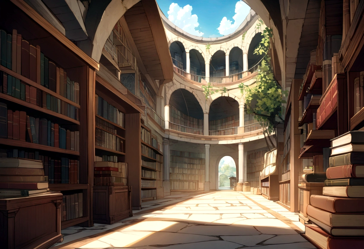 ((((masterpiece, Highest quality, High resolution)))),High detail, manga,anime,Illustration Style,Use of bright colors,Ghibli Studio,Similar to the colors used in daytime scenes, Medieval European fantasy world, Extremely detailed 8K, High detail, A labyrinthine library,maze, Game Sword,Hero's Sword,Dirty Sword,Bookshelf, In the store々There are many products lined up,Lying Sword,Luxurious sword, Magic book, Old books, And postcards, Both indoor and outdoor displays. The arches and walls are made of rustic stone, Gives a quaint and attractive look. The store is transparent, Smooth turquoise water surface, Colorful rocks visible beneath the surface. The sky is bright blue、Fluffy white clouds floating, And the sun is shining brightly, Create a magical and cozy atmosphere.