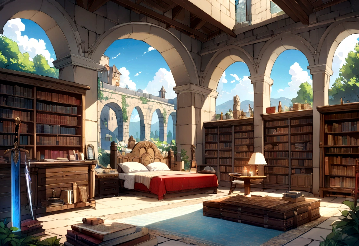 ((((masterpiece, Highest quality, High resolution)))),High detail, manga,anime,Illustration Style,Use of bright colors,Ghibli Studio,Similar to the colors used in daytime scenes, Medieval European fantasy world, Extremely detailed 8K, High detail, A labyrinthine library,maze, Game Sword,Hero's Sword,Dirty Sword,Bookshelf, In the store々There are many products lined up,Lying Sword,Luxurious sword, Magic book, Old books, And postcards, Both indoor and outdoor displays. The arches and walls are made of rustic stone, Gives a quaint and attractive look. The store is transparent, Smooth turquoise water surface, Colorful rocks visible beneath the surface. The sky is bright blue、Fluffy white clouds floating, And the sun is shining brightly, Create a magical and cozy atmosphere.