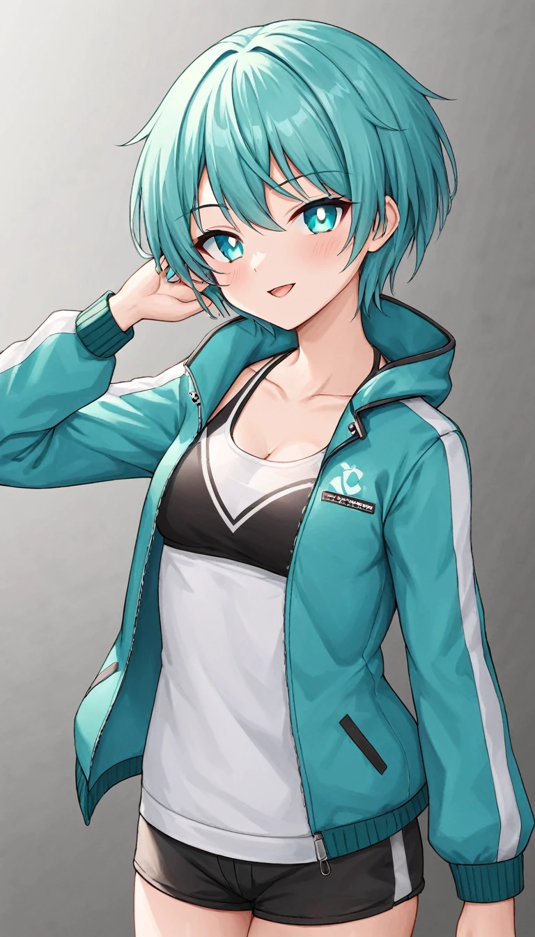 Cyan short hair，Black pupil，Wear a cotton jacket，The Scourge Messenger&#39;s personal ID is hung on his chest.，There are shorter deer ears on the head，Wear long pants，Leg loops on the legs，Wearing boots。