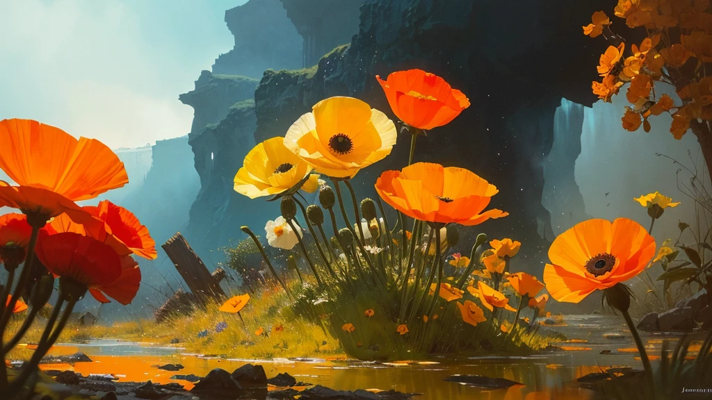 32k, Masterpiece, Highest quality, One girl, Detailed eyes, flower,Iceland Poppy, Orange and yellow style,A dreamy, romantic piece,Pale yellow, Mysterious Leaves,A playful arrangement,Fantasy,High Contrast,Ink strokes,explosion,Exposure, Impression of orange and yellow tones,Abstract,((Watercolours by John Berkey and Jeremy Mann )) Brush strokes,Negative Space, Tyndall effect,