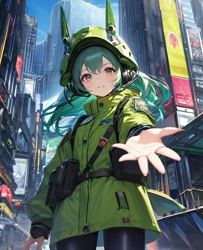 (best quality, masterpiece, ultra highres, ultra-detailed:1.2) ,A vibrant recruitment poster for the Earth Defense Force featuring a brave young girl inviting others to join the ranks. The poster has a futuristic and hopeful atmosphere, with bold and clear design elements. In the center, a young girl in Earth Defense Force uniform stands confidently, with a friendly and determined expression, reaching out her hand. The background shows the symbol of the Earth Defense Force and a futuristic cityscape. The colors are vivid and eye-catching, drawing attention to the central figure. At the top or middle of the poster, a powerful tagline reads: "Join the Earth Defense Force! Protect Our Future!" At the bottom, information on how to join and contact details are clearly displayed.