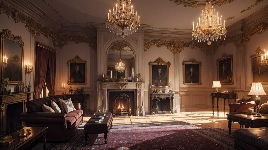 Interior, victorian Manor with reliquies, (((Nigth))), (((moonligth enters the living room))) soft pale orange palette, soft violet secundary exterior ligth