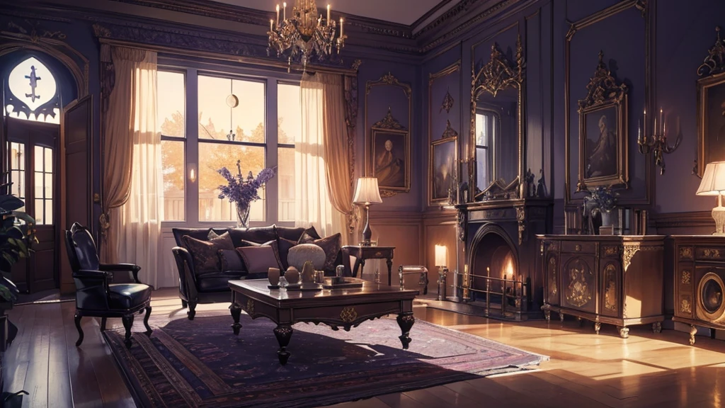 Interior, victorian Manor with reliquies, (((Nigth))), (((moonligth enters the living room))) soft pale orange palette, soft violet secundary exterior ligth