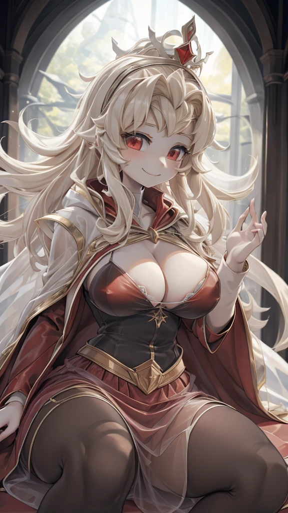 Queen,Innocent expression,Innocent smile,crown,redcloak,Blonde,Big breasts, red,redcloak,cloak,Transparent skirt,Transparent textured skirt,Sheer textured skirt with bikini lining,Transparent coat,Transparent coat,Translucent raincoat