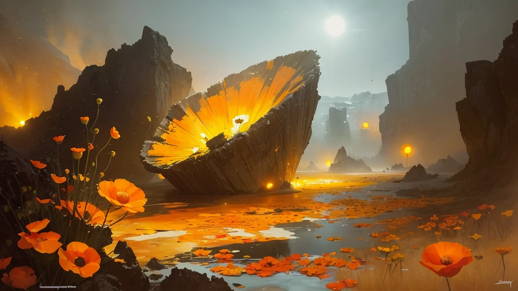 32k, Masterpiece, Highest quality, One girl, Detailed eyes, flower,Iceland Poppy, Orange and yellow style,A dreamy, romantic piece,Pale yellow, Mysterious Leaves,A playful arrangement,Fantasy,High Contrast,Ink strokes,explosion,Exposure, Impression of orange and yellow tones,Abstract,((Watercolours by John Berkey and Jeremy Mann )) Brush strokes,Negative Space, Tyndall effect,