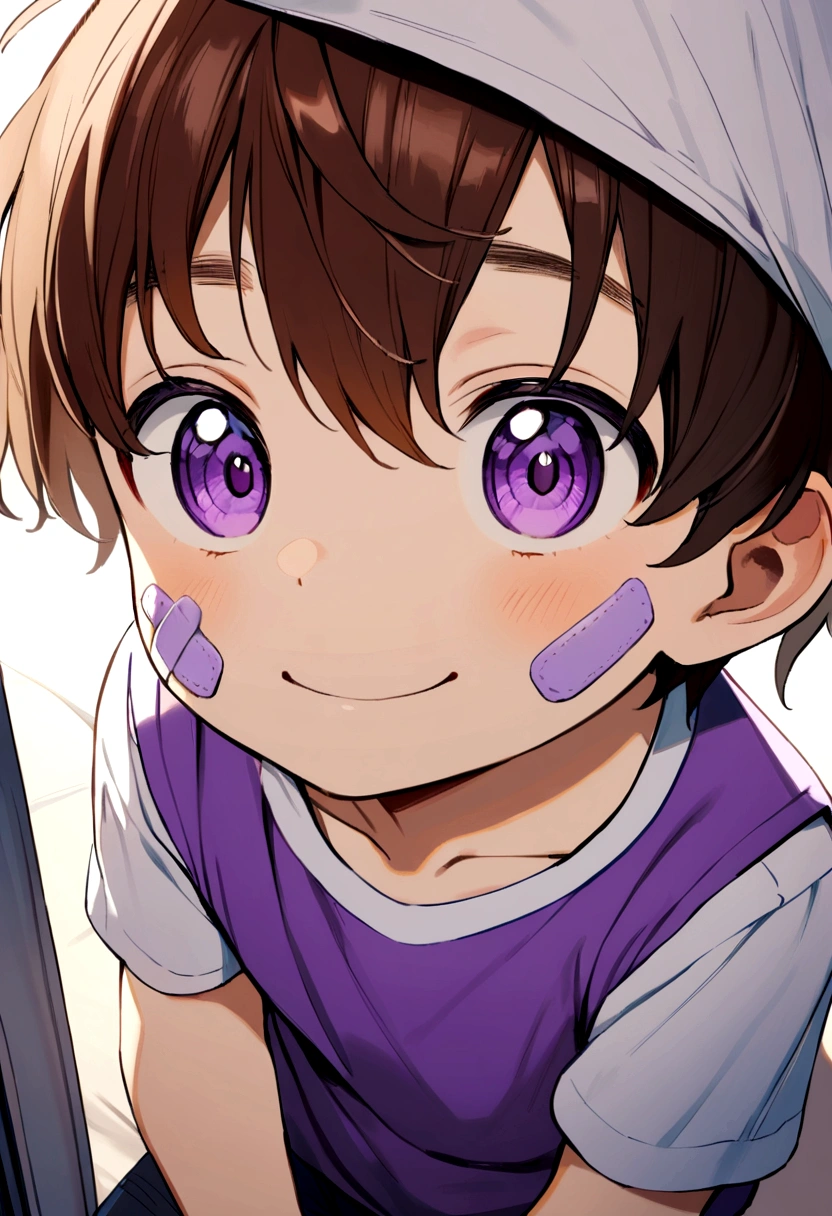 6 boy, brown hair, purple eyes, band aid on face, purple tank top, white t-shirt inside, smiling.
