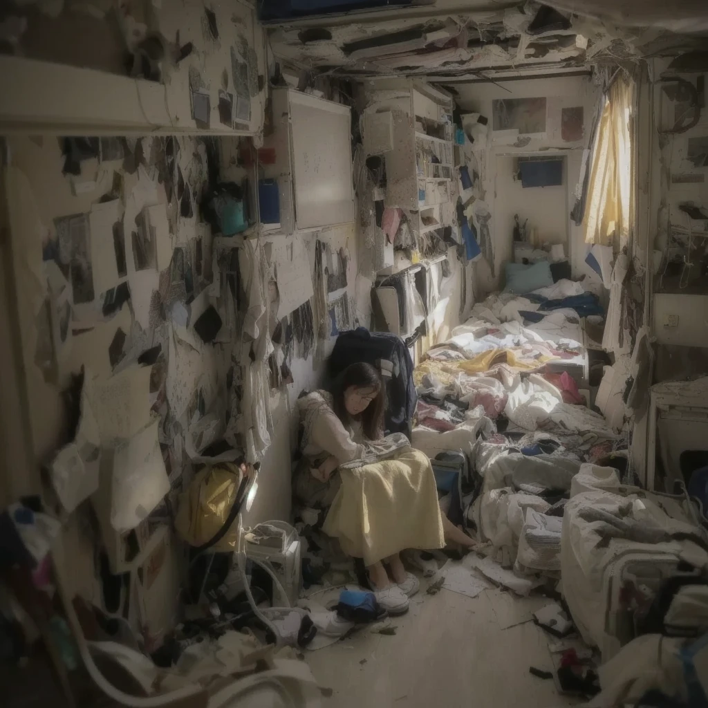 there is a woman sitting in a Messy room with a lot of clutter, inside a Messy room, Messy room, Claustrophobic room, Messy bedroom, Messy bedroomの中, Dirty room, Chaotic teen bedroom, Dirty apartment, In a decaying hospital room, Messy room, Crimmed New York apartment, A small room in Tokyo