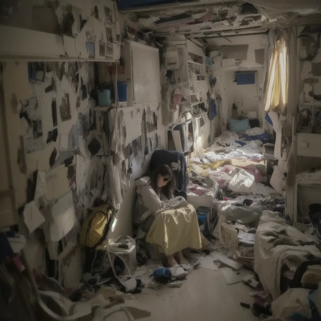there is a woman sitting in a Messy room with a lot of clutter, inside a Messy room, Messy room, Claustrophobic room, Messy bedroom, Messy bedroomの中,  room, Chaotic teen bedroom,  apartment, In a decaying hospital room, Messy room, Crimmed New York apartment, A small room in Tokyo