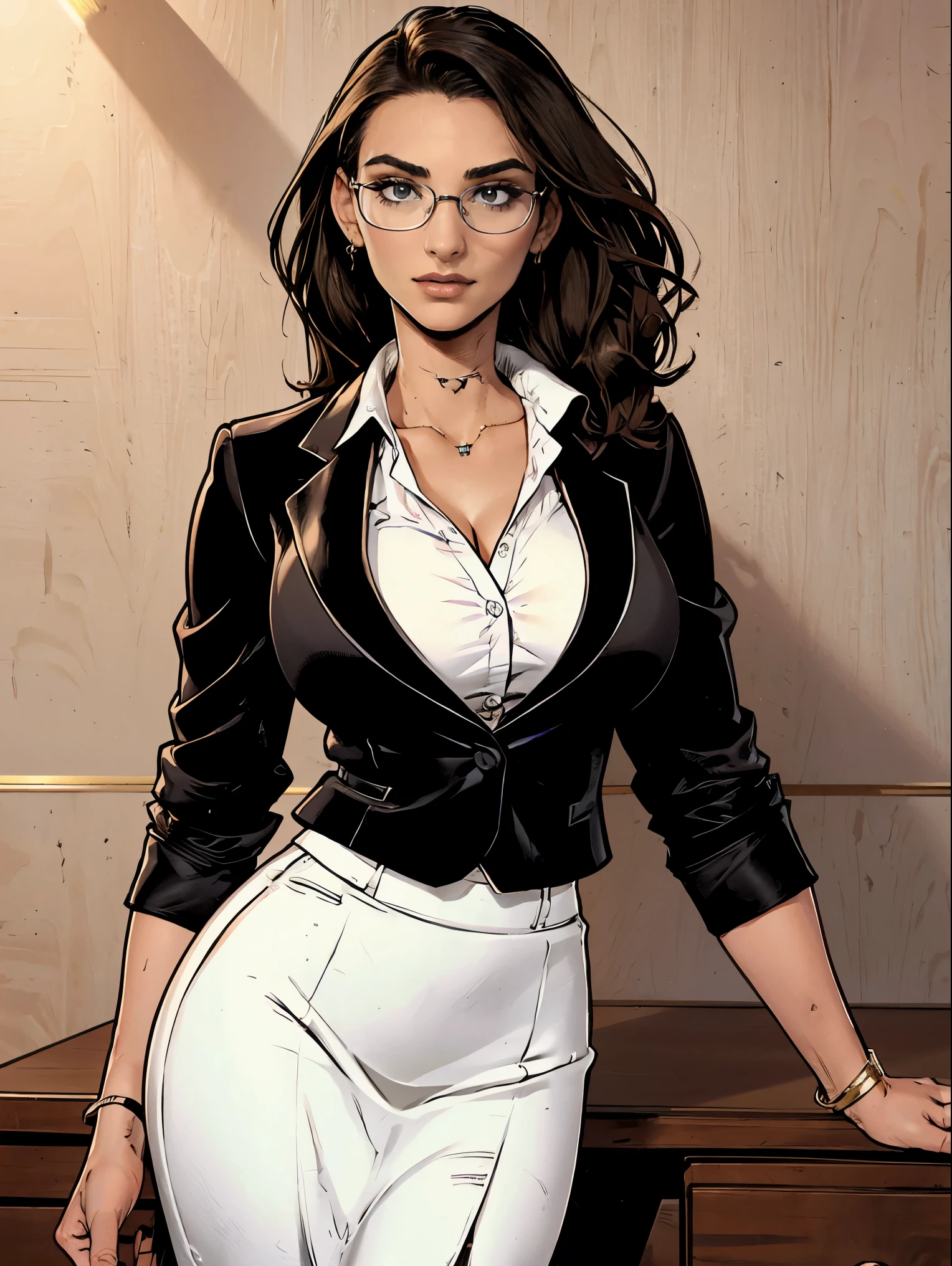 Gorgeous and sultry busty athletic (thin) brunette with sharp facial features wearing a black blazer, white blouse and black pencil skirt, glasses