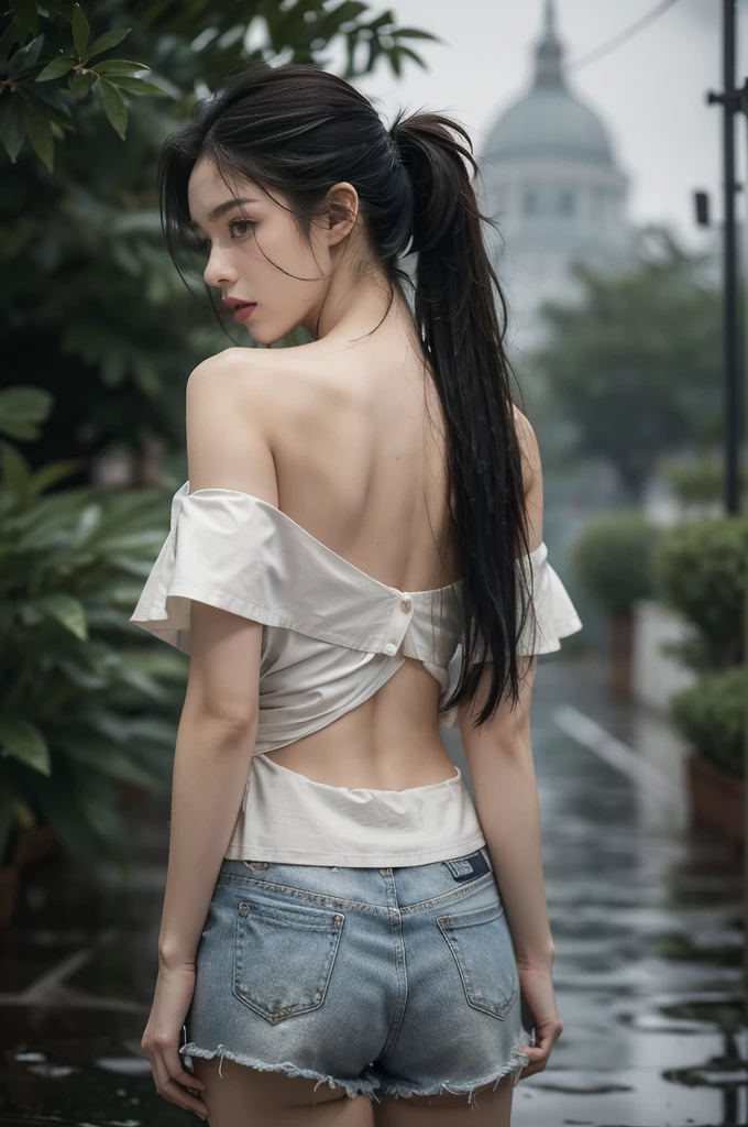 (((best quality))),(((ultra detailed))),(((masterpiece))),illustration,1girl, young,solo, slim,thin,short ponytail,((bare back,towering hips,butt crack)),((shoulder off,bare shoulder)),white collared shirt,shorts,standing,rainy night, heavy rain, drenched clothes, melancholy expression, solitude, tear rolling down cheek, wet hair, empty streets, dimly lit, deserted environment, sound of rain, footsteps, symbol of hope, abandoned, resilience, determination, walking in rain, heartbreak, loss, love fading, loneliness, body language, facial expression, dreary atmosphere, rain-soaked streets, somber mood, viewer engagement,((upper body,from back)),urban scape