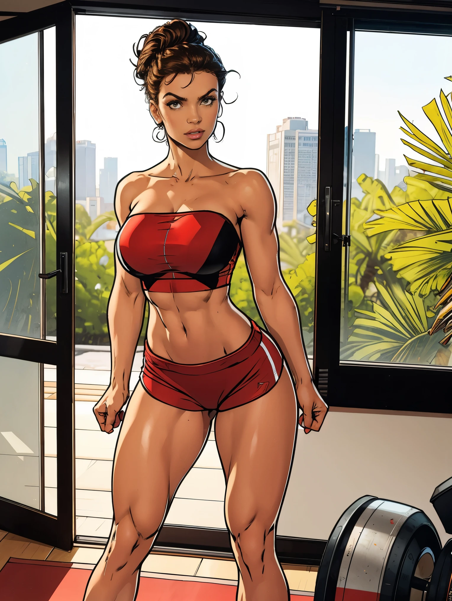 Extremely busty thin and toned brunette, gym girl, fair skin, loose updo, soft face, athletic, strapless bright red tube top, tiny black spandex shorts. standing by a sliding glass door, gym, windows, stretching. Huge .