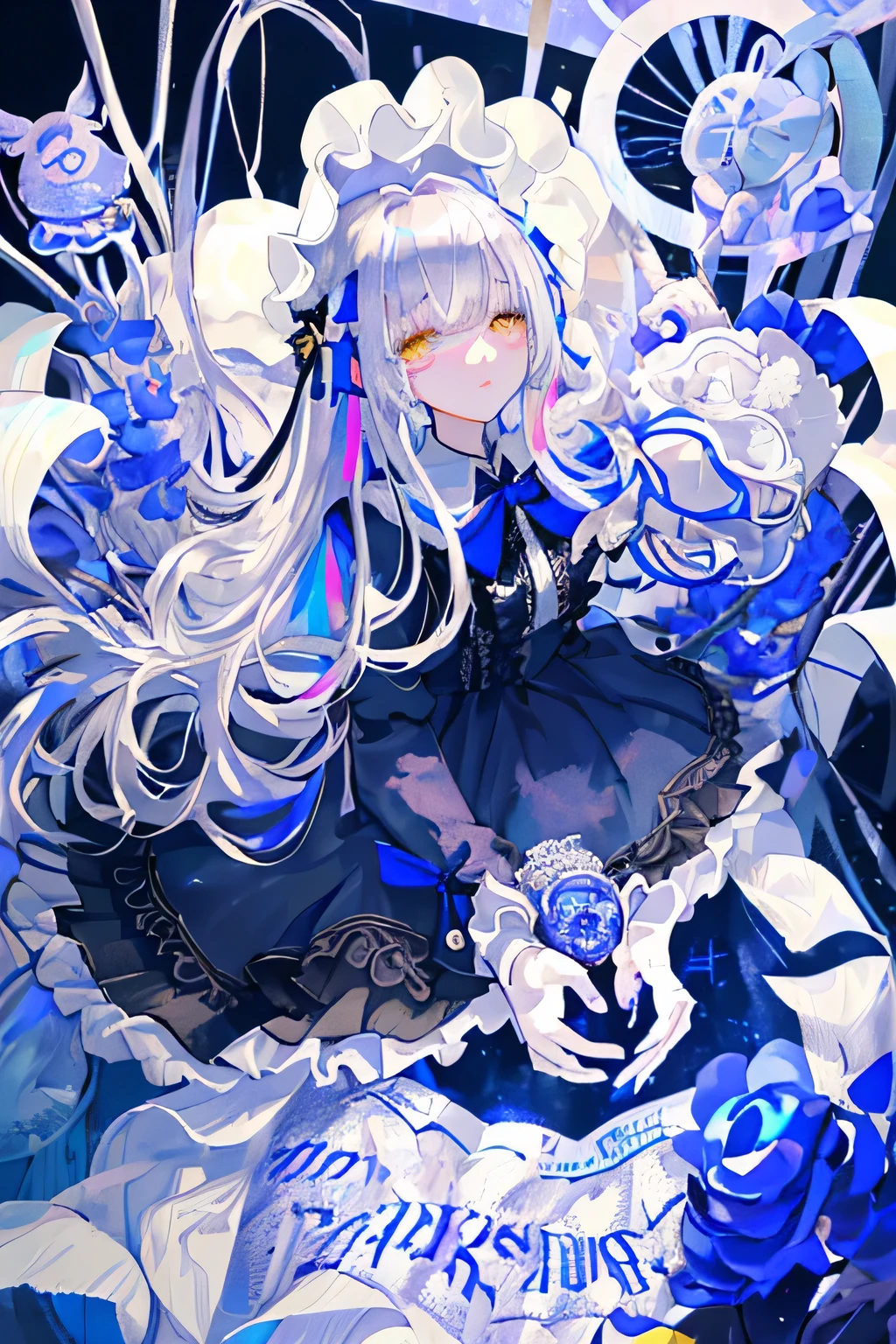 Highest quality、Best image quality、masterpiece、Girl falling from the sky, Silver wedding dress、Intricate lace embroidery、Shadow is blue、Long hair、Curl Styling、Hair colorpurple、Yellow Eyes、Black background、A thin line of light、Silver light、delicate、8K、Colorful stuffed rabbits
