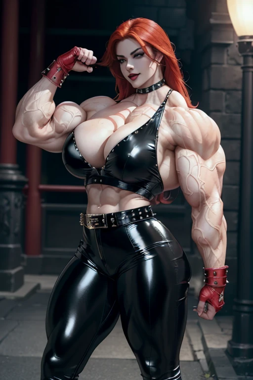 (((Massive tall, beautiful, buff, pale white skinned muscular asian woman with red hair, black lipstick, ginormous bulky muscles and wearing a beautiful latex top with latex pants))), (((close-up picture))), massive muscles, massive biceps, hyper muscle shoulders, massive muscle arms, vascular shoulders, hyper muscle triceps, (long hair), (beautiful latex top), yellow eyes, studded gauntlets, gloves, choker, (beautiful latex pants with belt), high heels boots, (in a dark street), closed smile, hyper vascular arm, hyper muscles arms, hyper muscle legs, massive arms