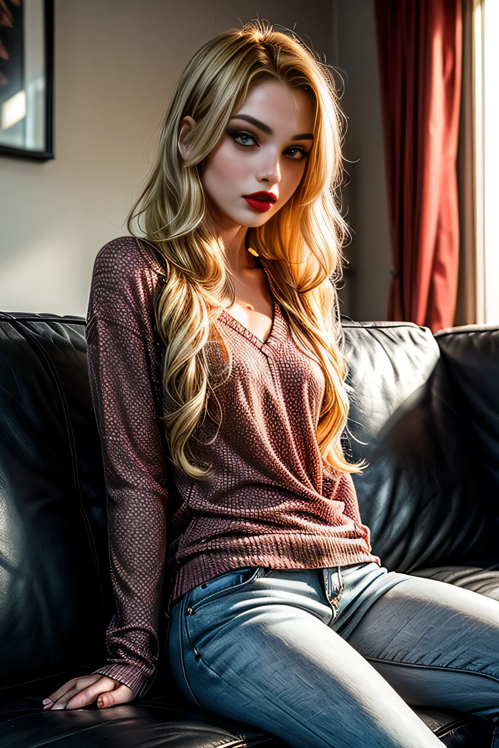 (masterpiece, photorealistic:1.4, extremely intricate:1.3, radiosity, photon mapping, dtx, 8K), intricate details, sharp focus, professional, real life, dynamic pose, BREAK (((fit teenage supermodel woman, (lounging, leaning forward, ((white flowerprint jumper)), black jeans, from above:0.7), blackout goth eyeshadow, red lipstick), golden hour, ((long wavy [blonde hair:bright orange hair:0.6], [flat chest:medium breasts:0.8]), indoors, couch), pouting, [skin detail:freckles:0.7]))