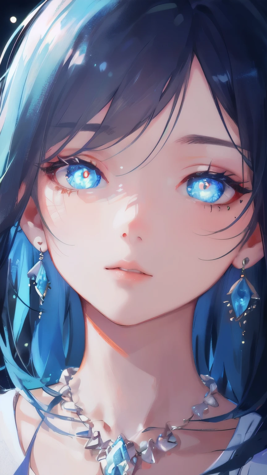 masterpiece, best quality, illustration, sax blue, platinum earrings, platinum necklace, white dress, 1girl, cute, (dynamic lighting:1.2), cinematic lighting, delicate facial features, detailed eyes, sharp pupils, realistic pupils, depth of field, bokeh, sharp focus, (hyper-detailed, bloom, glow:1.4), many small gems