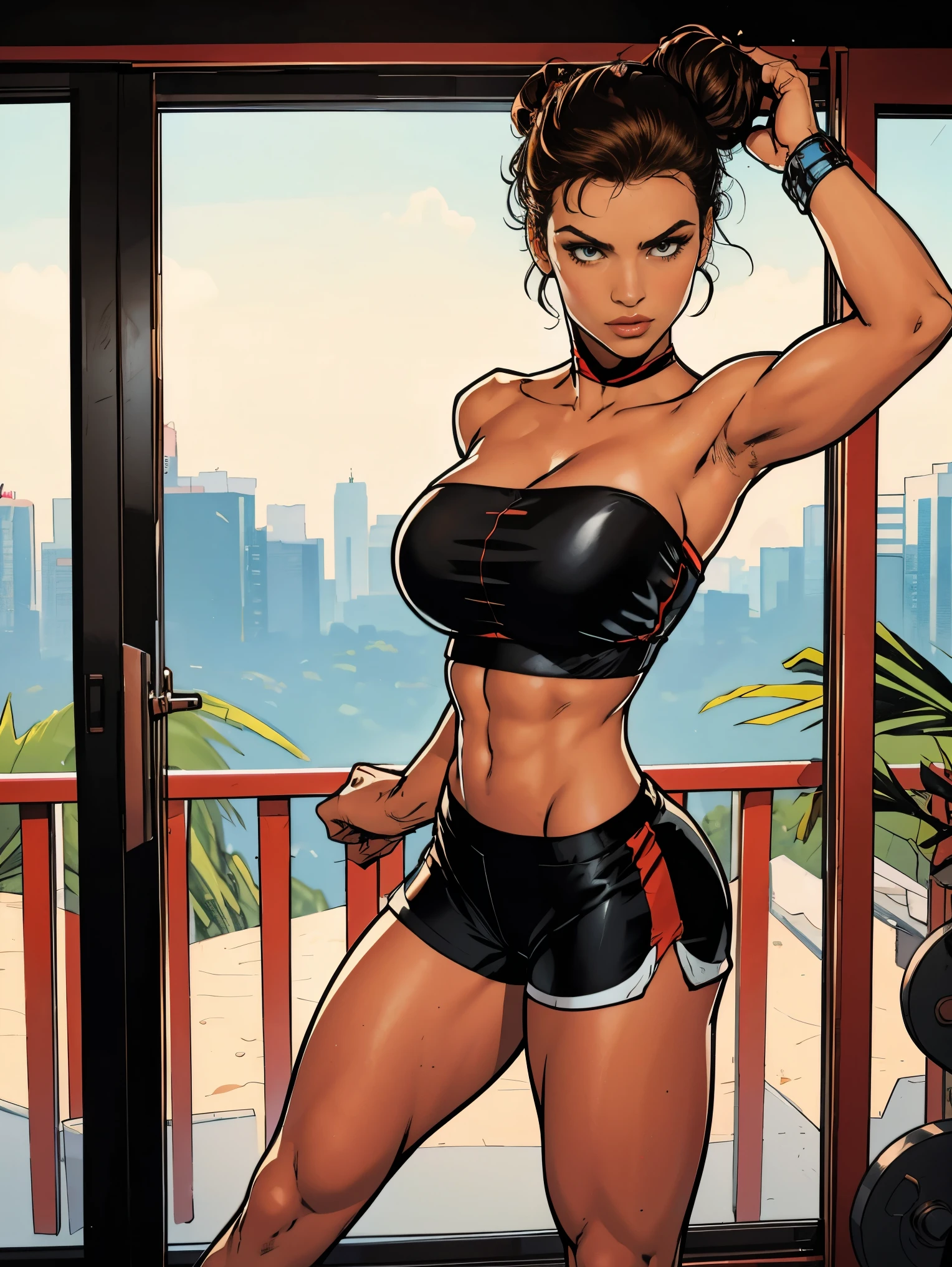 Extremely busty thin and toned brunette, gym girl, fair skin, loose updo, soft face, athletic, strapless bright red tube top, tiny black spandex shorts. standing by a sliding glass door, gym, windows, stretching. Huge .