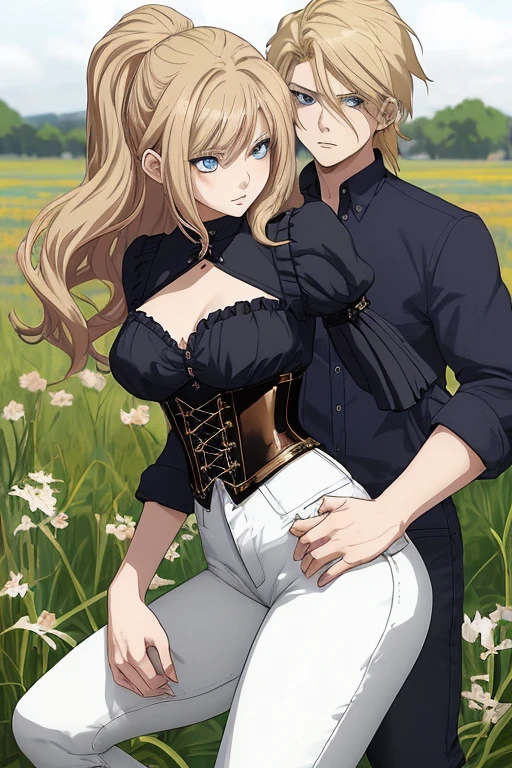 Anime style scene with a 21-year-old female character with a mature face, arching her back, and an adolescent boy standing behind her, looking at her. The woman has long, waist-length, wavy blond hair, V bangs, and blue eyes, wearing a white blouse with a chocolate-colored corset over it, skinny tight blue jeans, and high boots. The boy has short dark hair, a slim build, and is wearing casual clothes. They are in a vibrant spring field at midday, with the boy's gaze focused on the woman, creating a dynamic and intriguing atmosphere.