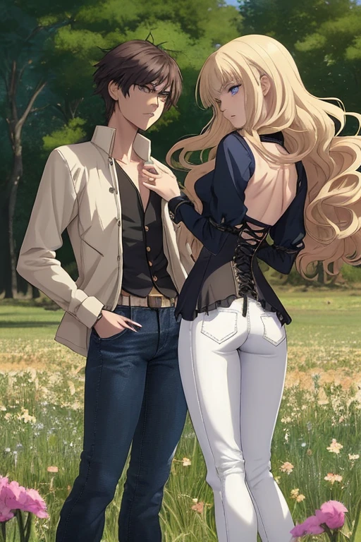 Anime style scene with a 21-year-old female character with a mature face, arching her back, and an adolescent boy standing behind her, looking at her. The woman has long, waist-length, wavy blond hair, V bangs, and blue eyes, wearing a white blouse with a chocolate-colored corset over it, skinny tight blue jeans, and high boots. The boy has short dark hair, a slim build, and is wearing casual clothes. They are in a vibrant spring field at midday, with the boy's gaze focused on the woman, creating a dynamic and intriguing atmosphere.